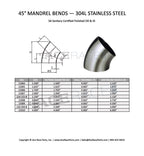 3.500" 14ga Tight Radius 45° Mandrel Bend - (4.000" CLR) - Brushed Finish - 304 Stainless