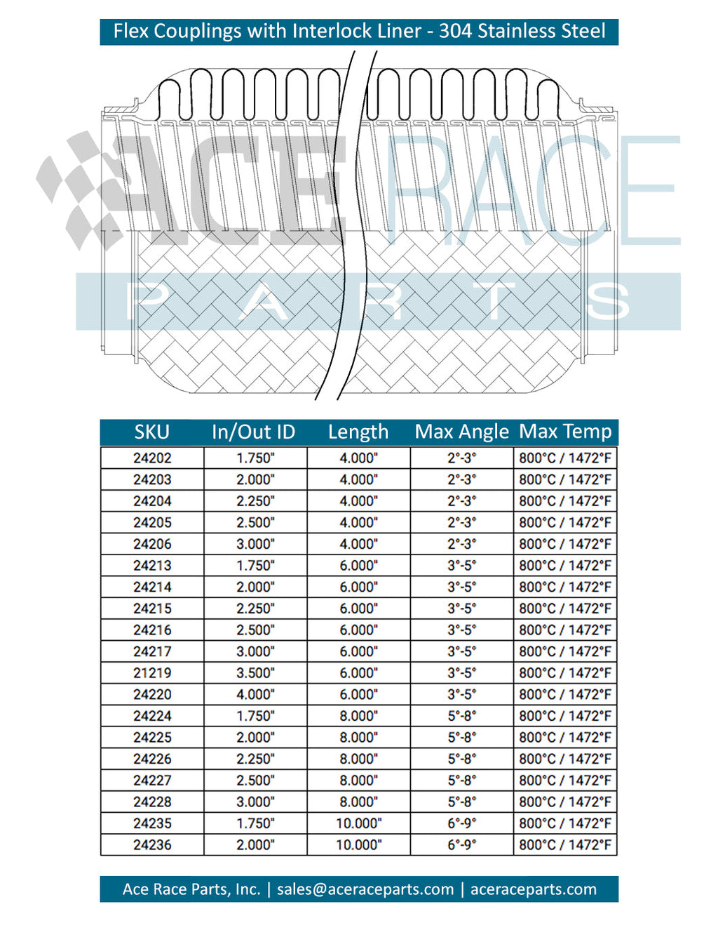 3.500" ID x 6" Long Flex Coupling (Interlock Liner) 304 Stainless